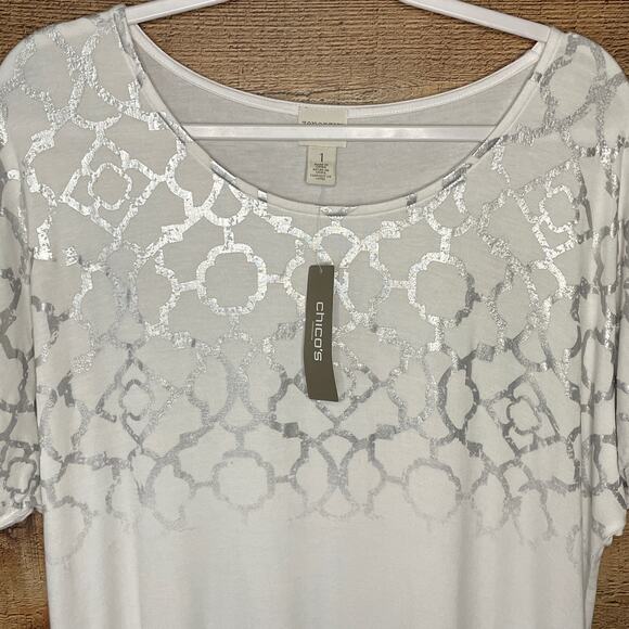 Zenergy by Chico's Ombre Foil Top Short Sleeve Optic White SZ 1 Medium NWT - Picture 2 of 7